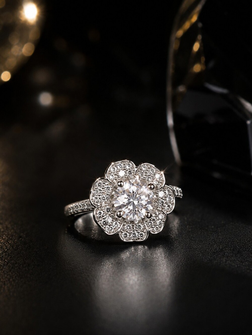 Stainless steel 999. Silver Ring. Moissanite Flower stone. Versatile Wear Style.
